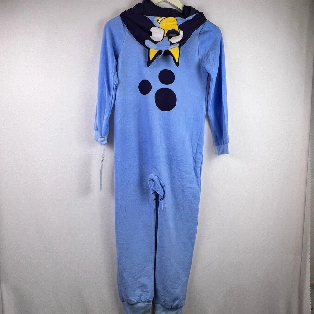 Bluey Kids Hooded Union Suit One Piece Pajamas Blue Fleece Size L 12/14 NEW